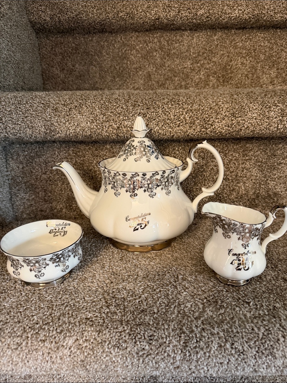Royal Albert Cream and silver Floral Teapot, Creamer & Sugar Set